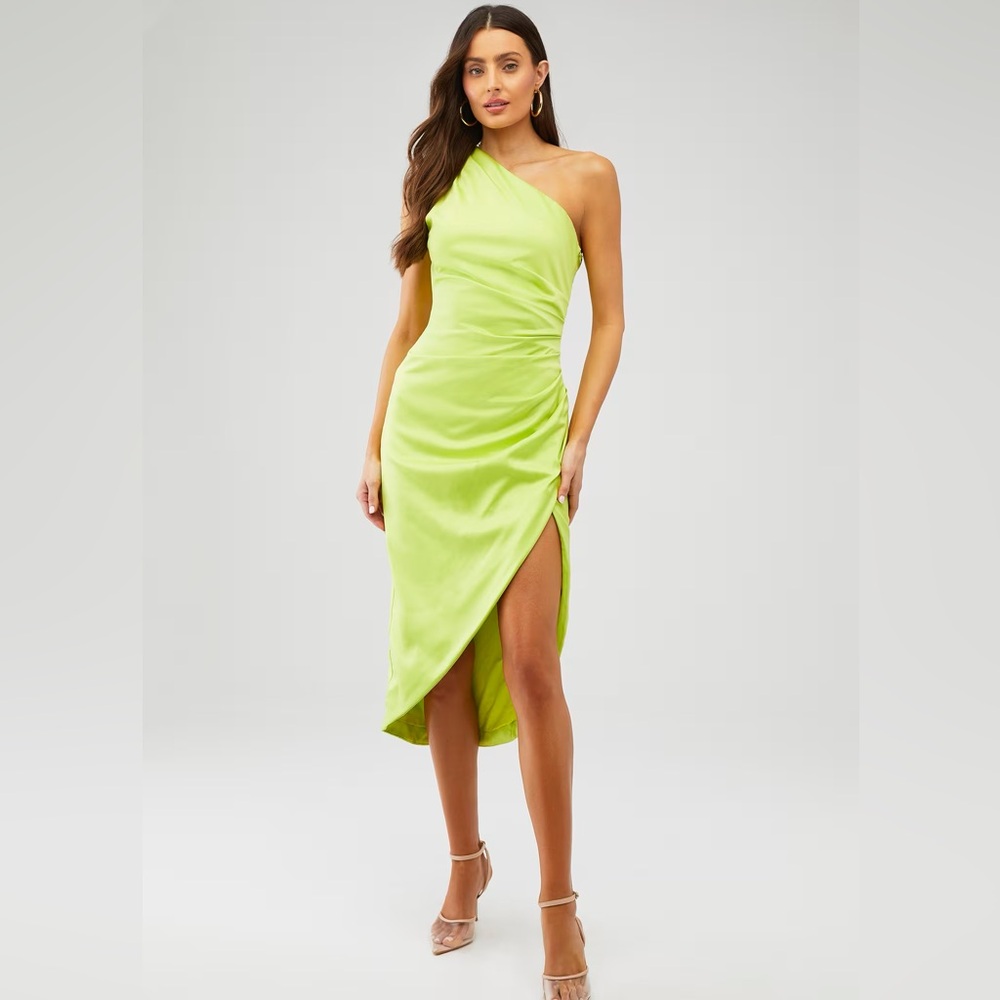 Elliatt Cassini Chartreuse‎ Satin Ruched Asymmetrical Midi Dress Size XS
